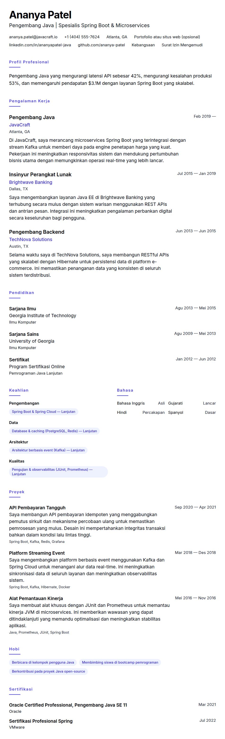Pratinjau resume Contoh Resume Pengembang Java