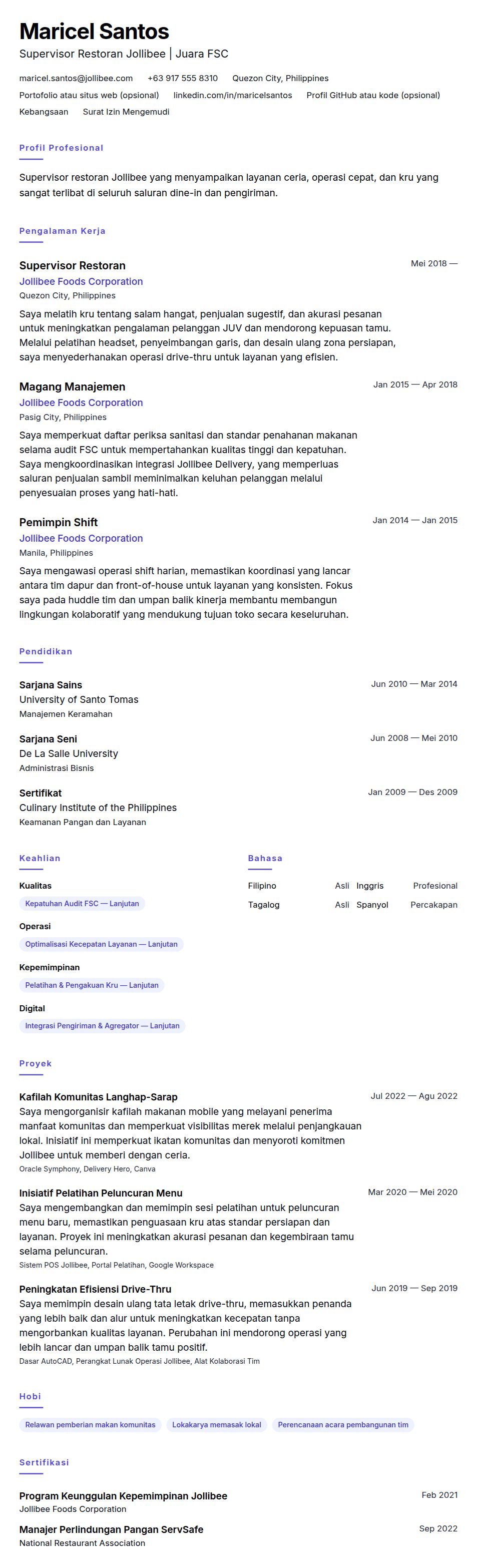 Pratinjau resume Contoh Resume Supervisor Restoran Jollibee