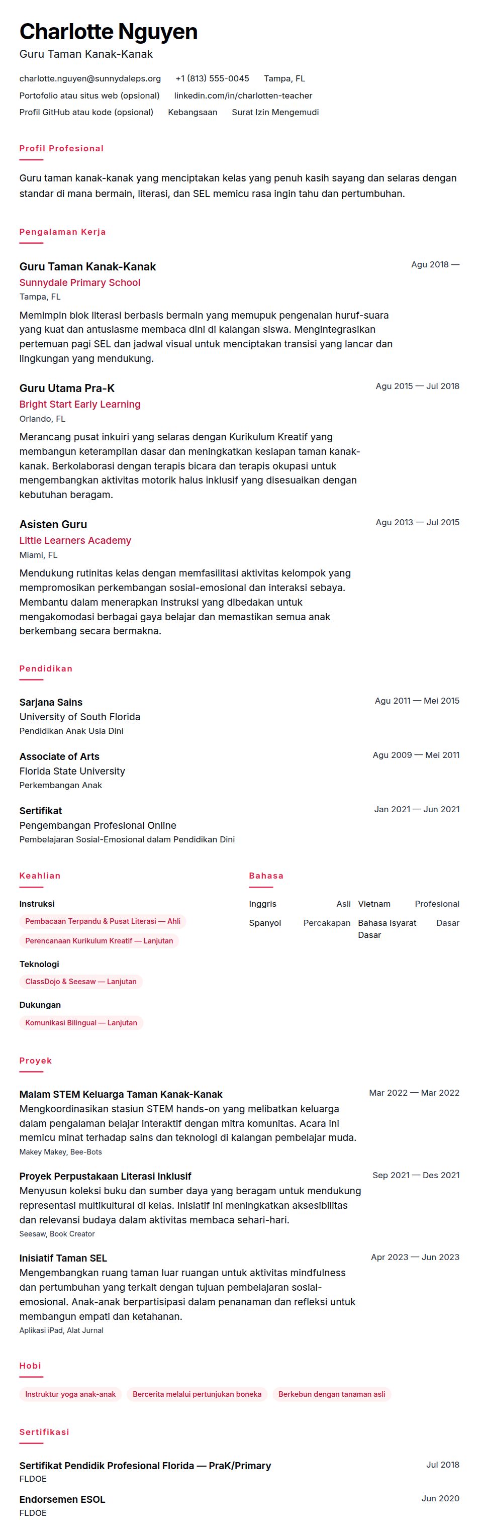 Pratinjau resume Contoh Resume Guru Taman Kanak-Kanak