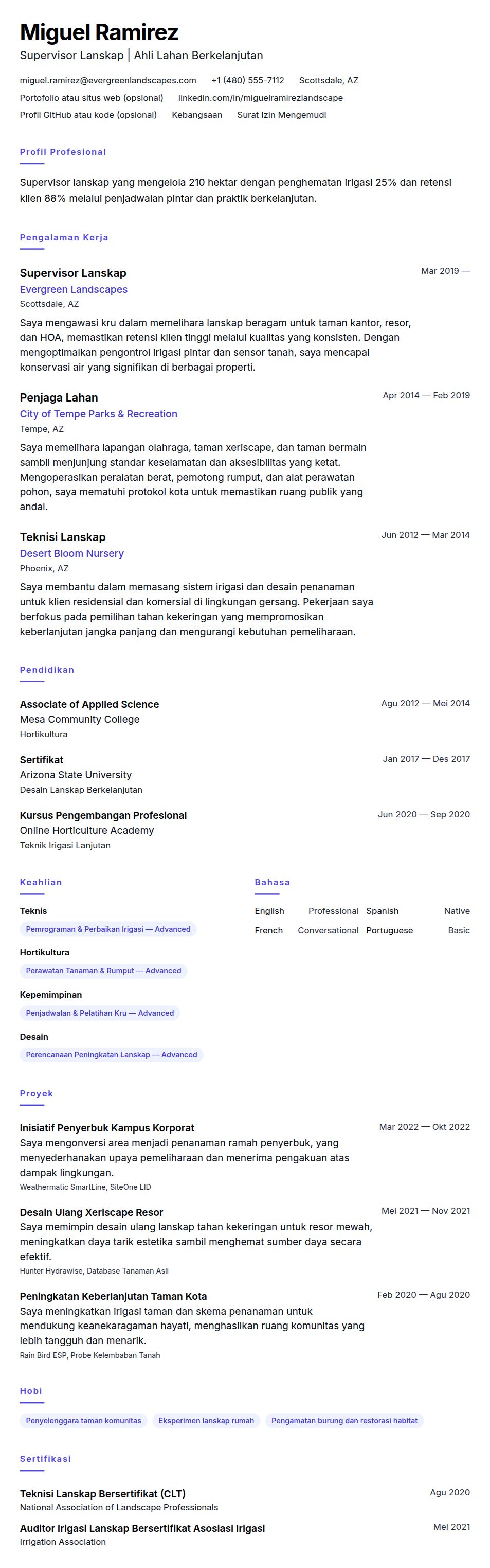 Pratinjau resume Contoh Resume Landscaping