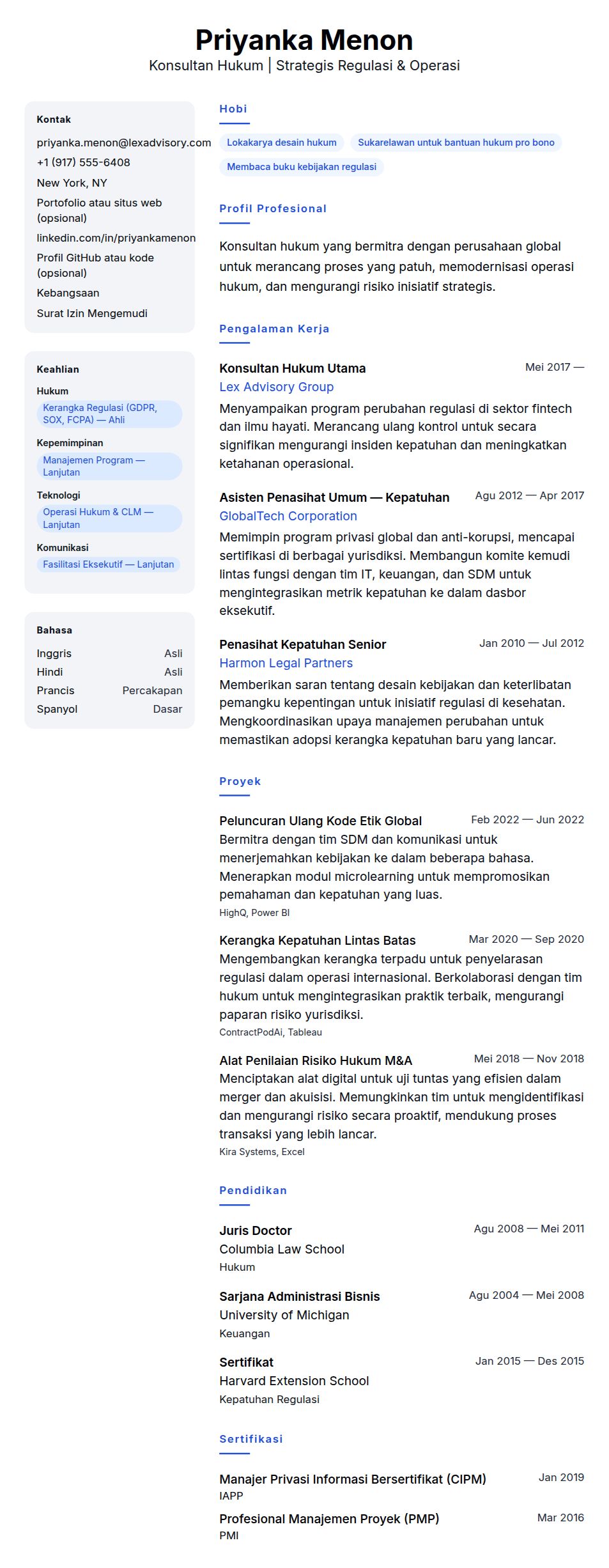 Contoh Resume Konsultan Hukum