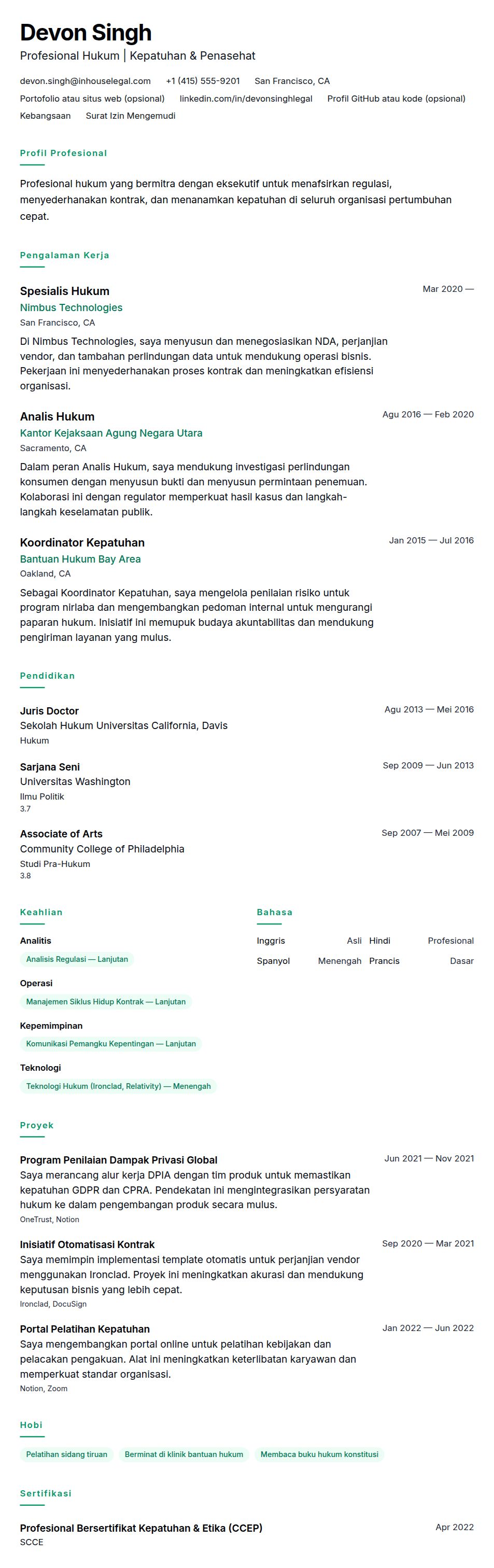 Pratinjau resume Contoh Resume Profesional Hukum