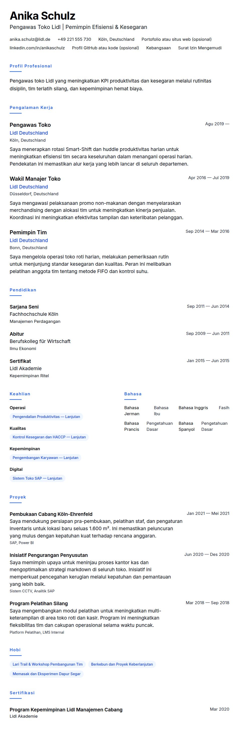 Pratinjau resume Contoh Resume Pengawas Toko Lidl