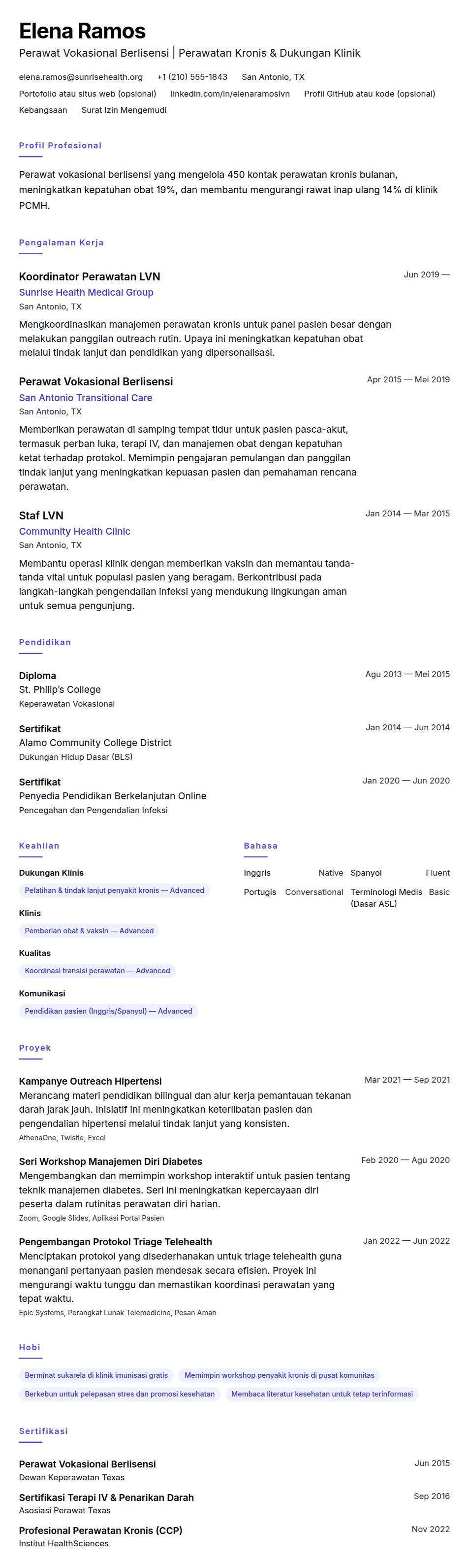 Pratinjau resume Contoh Resume Perawat Vokasional Berlisensi (LVN)