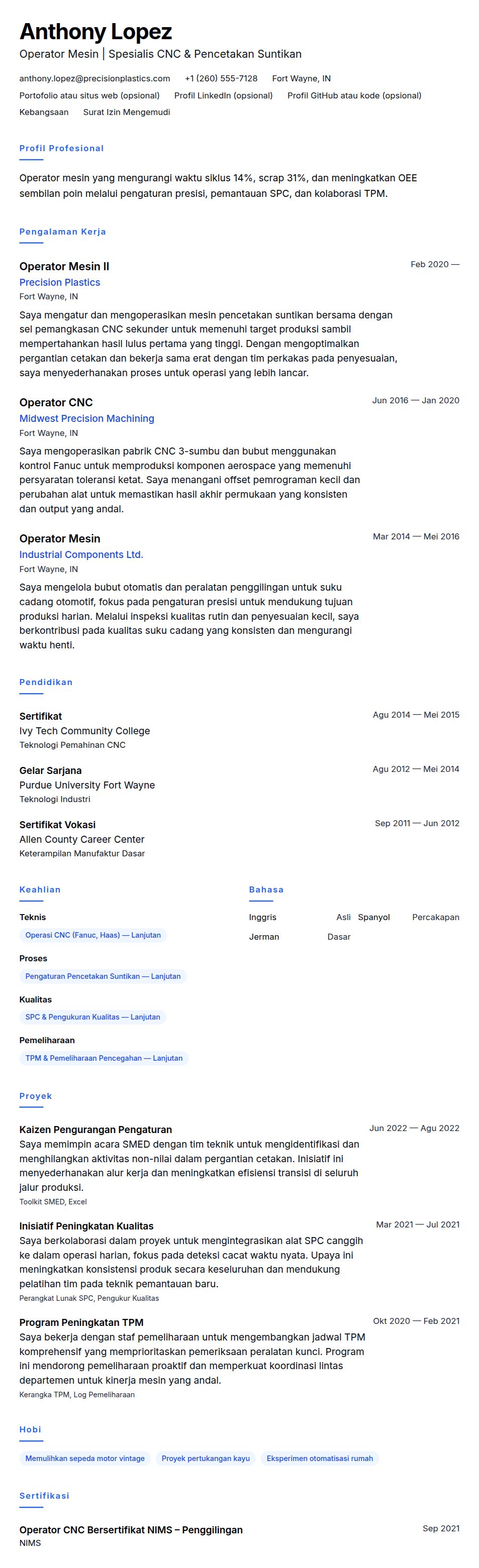 Pratinjau resume Contoh Resume Operator Mesin