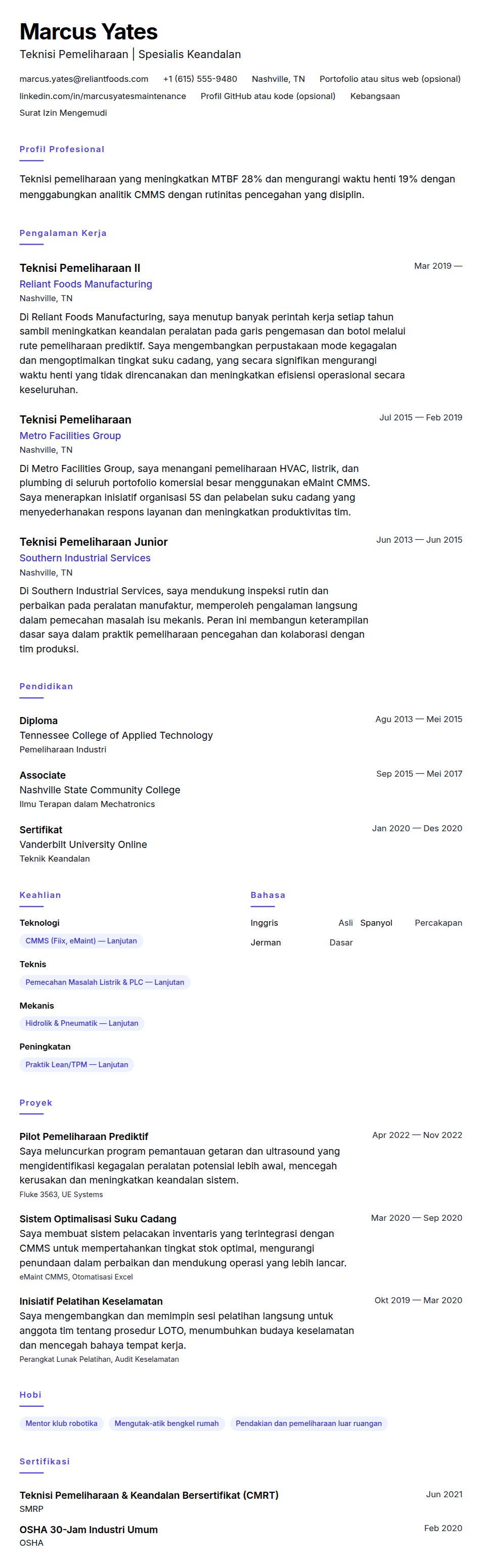 Contoh Resume Teknisi Pemeliharaan