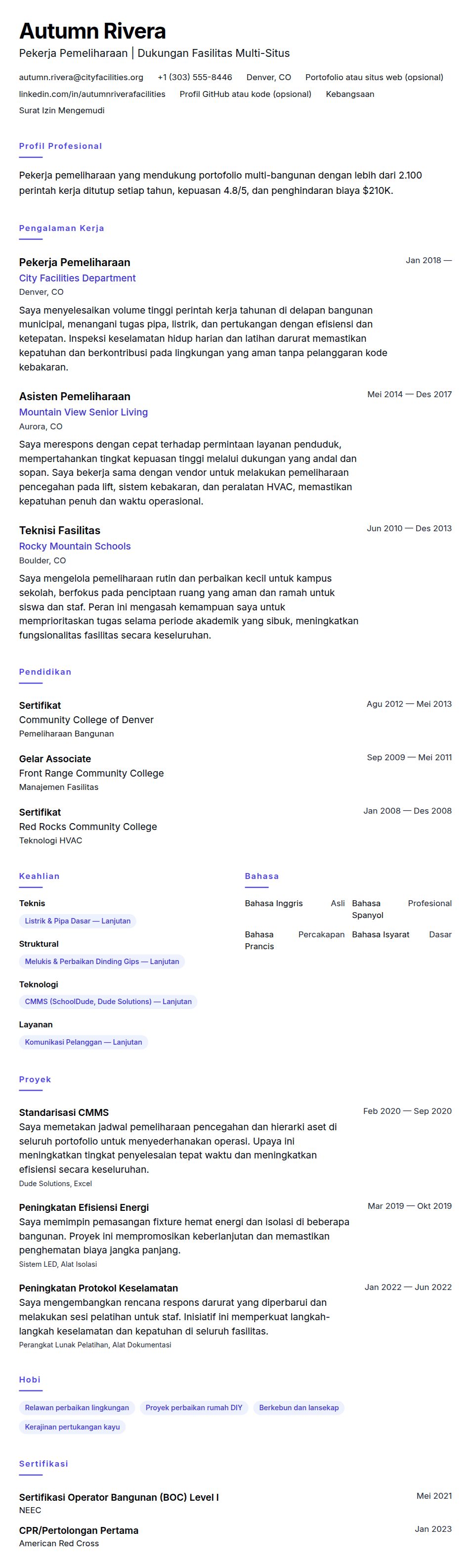 Pratinjau resume Contoh Resume Pekerja Pemeliharaan