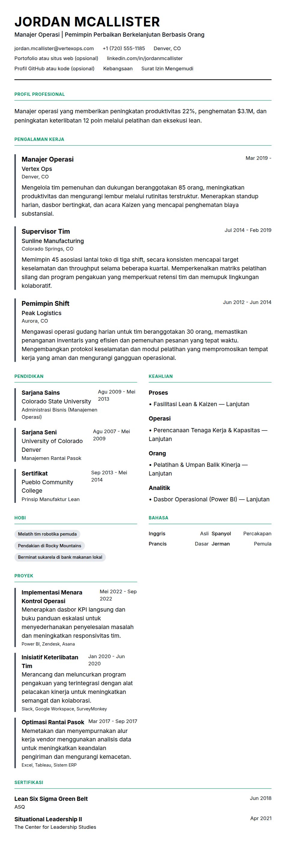 Pratinjau resume Contoh Resume Manajer Operasi