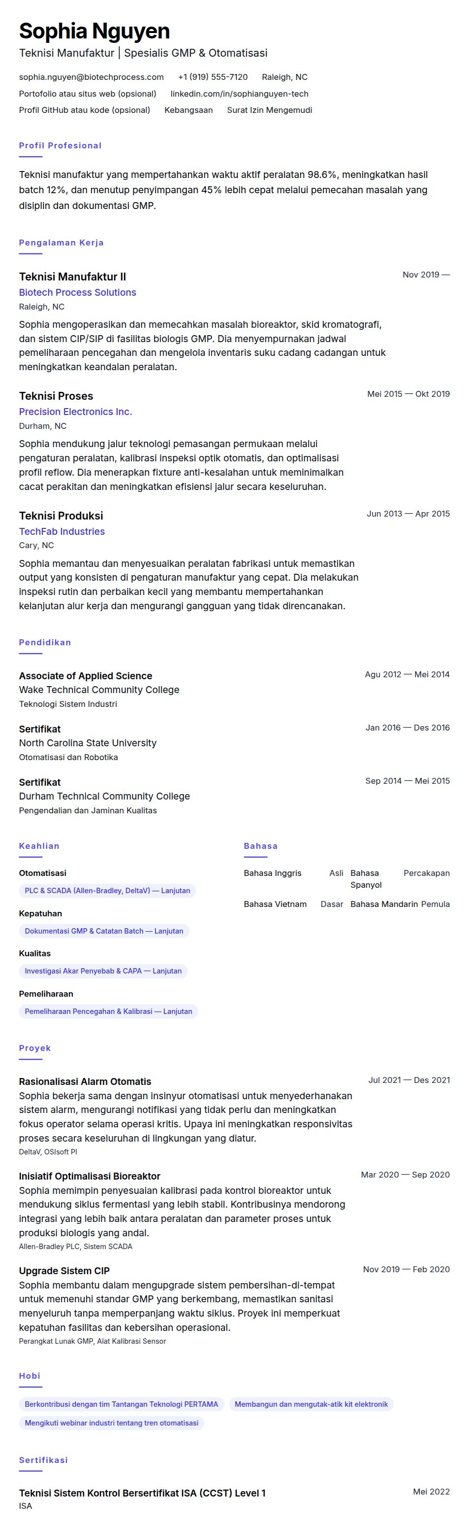 Pratinjau resume Contoh Resume Teknisi Manufaktur