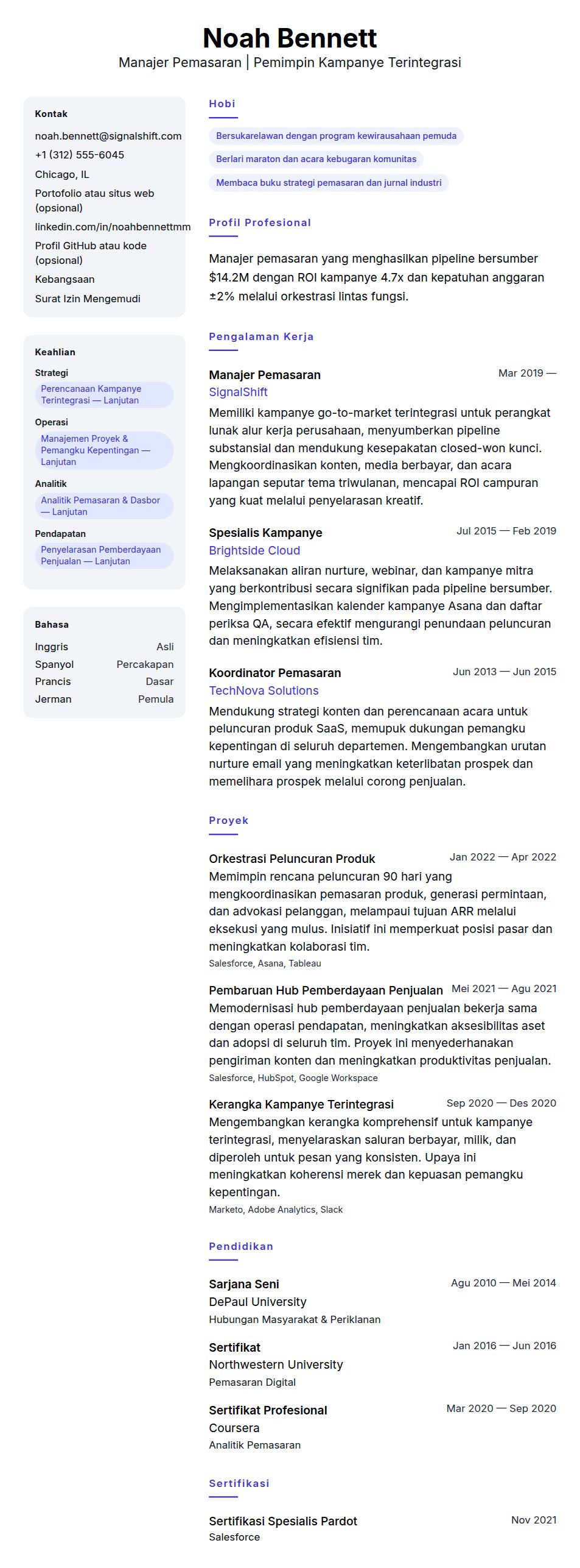 Pratinjau resume Contoh Resume Manajer Pemasaran