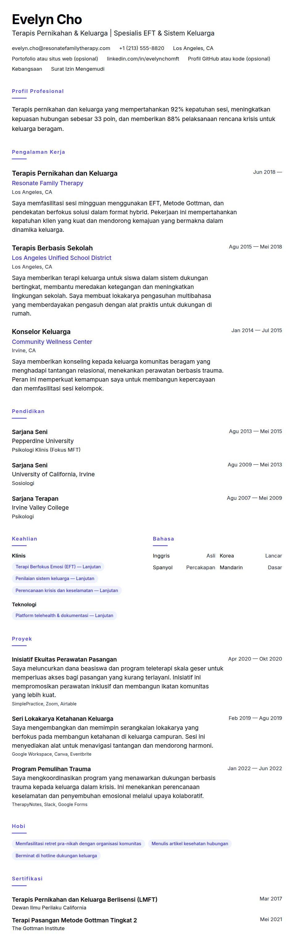 Contoh Resume Terapis Pernikahan dan Keluarga
