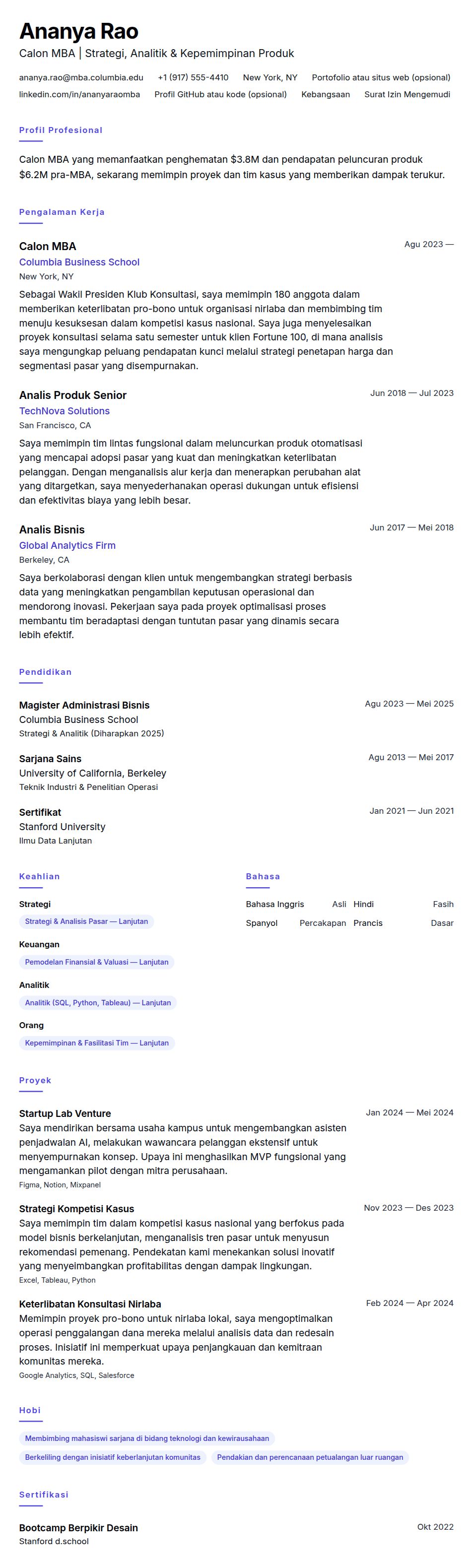 Pratinjau resume Contoh Resume Calon MBA