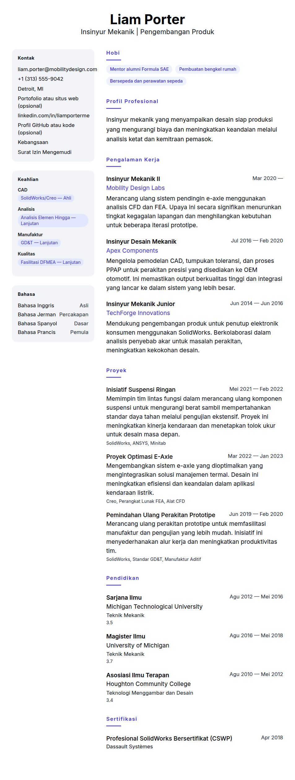 Pratinjau resume Contoh Resume Insinyur Mekanik