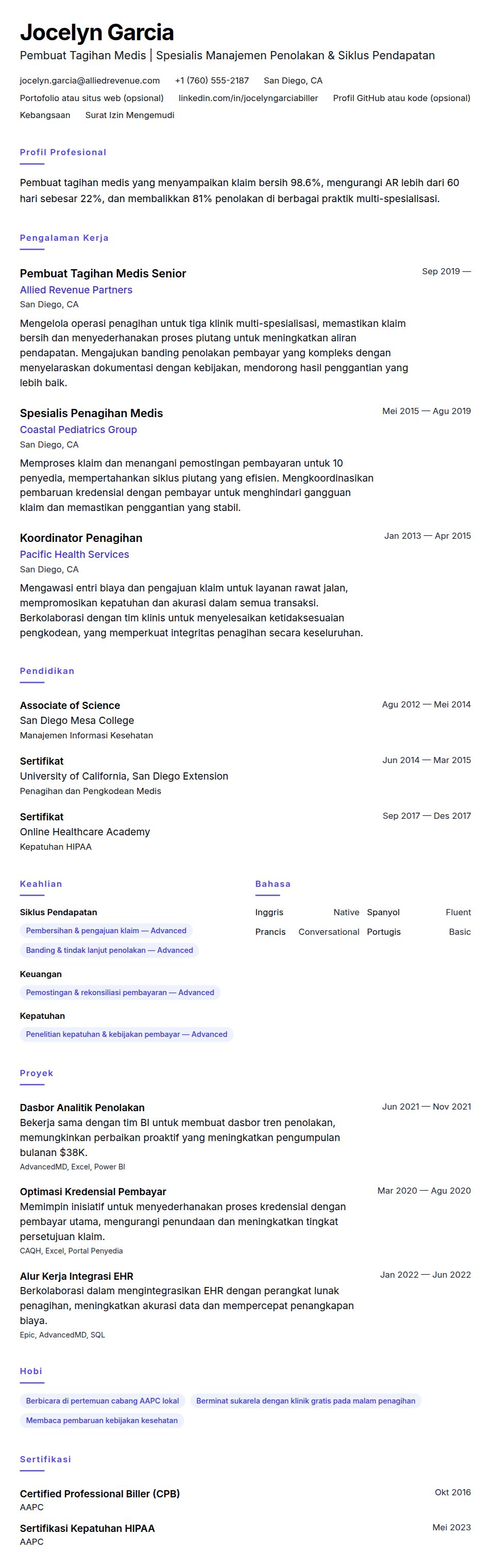 Pratinjau resume Contoh Resume Pembuat Tagihan Medis