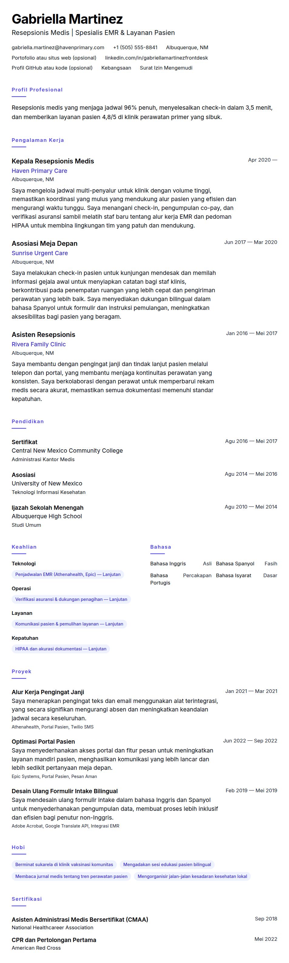 Pratinjau resume Contoh Resume Resepsionis Medis