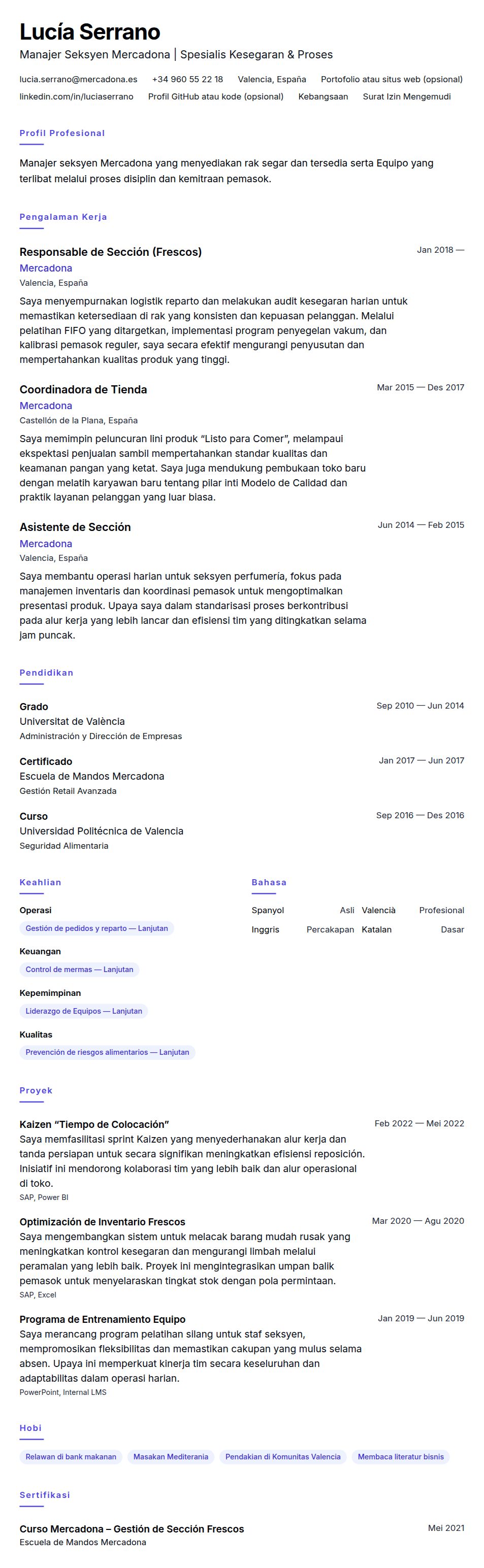 Pratinjau resume Contoh Resume Manajer Seksyen Mercadona