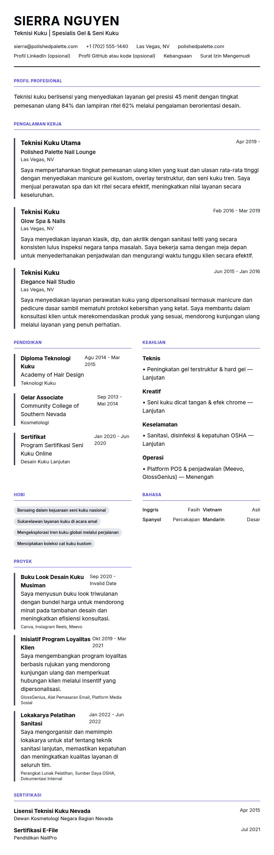 Pratinjau resume Contoh Resume Teknisi Kuku