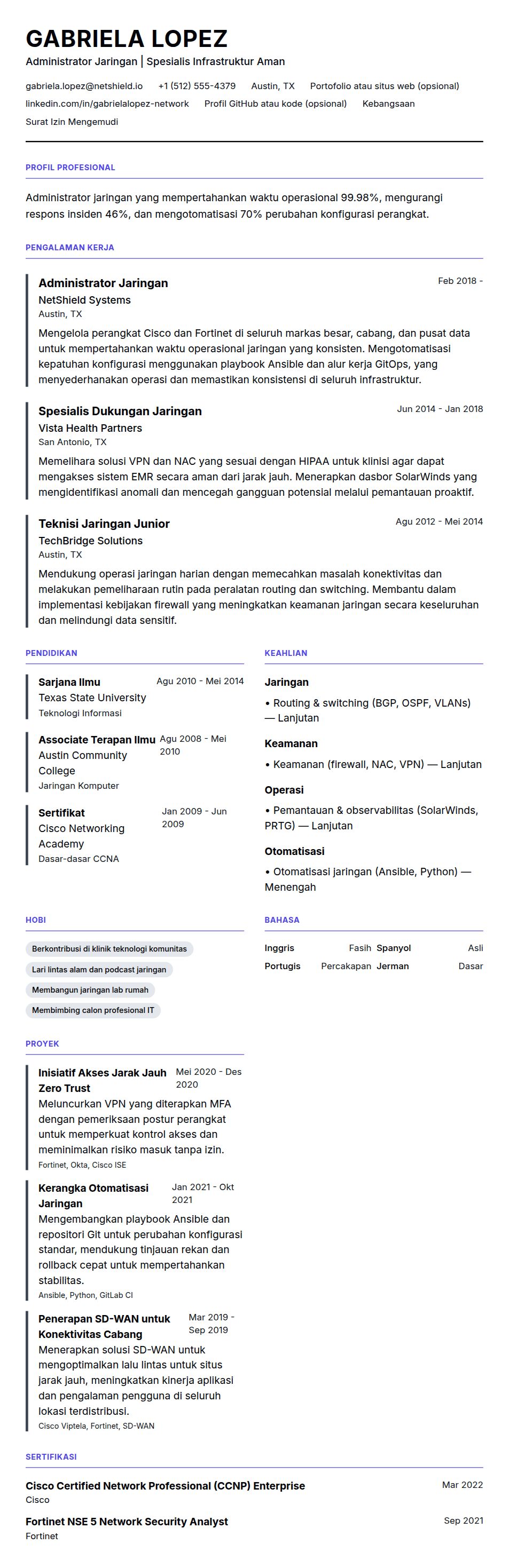 Pratinjau resume Contoh Resume Administrator Jaringan