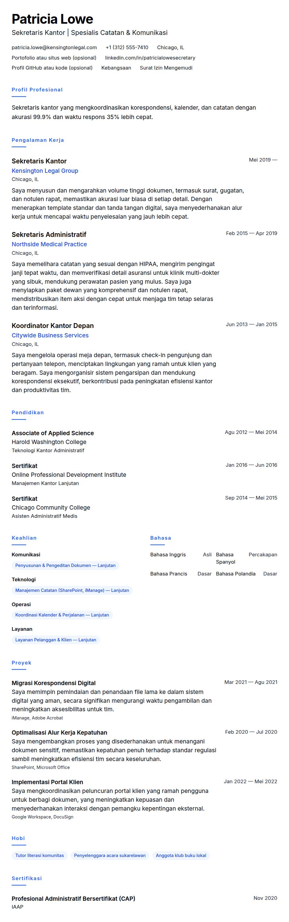 Pratinjau resume Contoh Resume Sekretaris Kantor