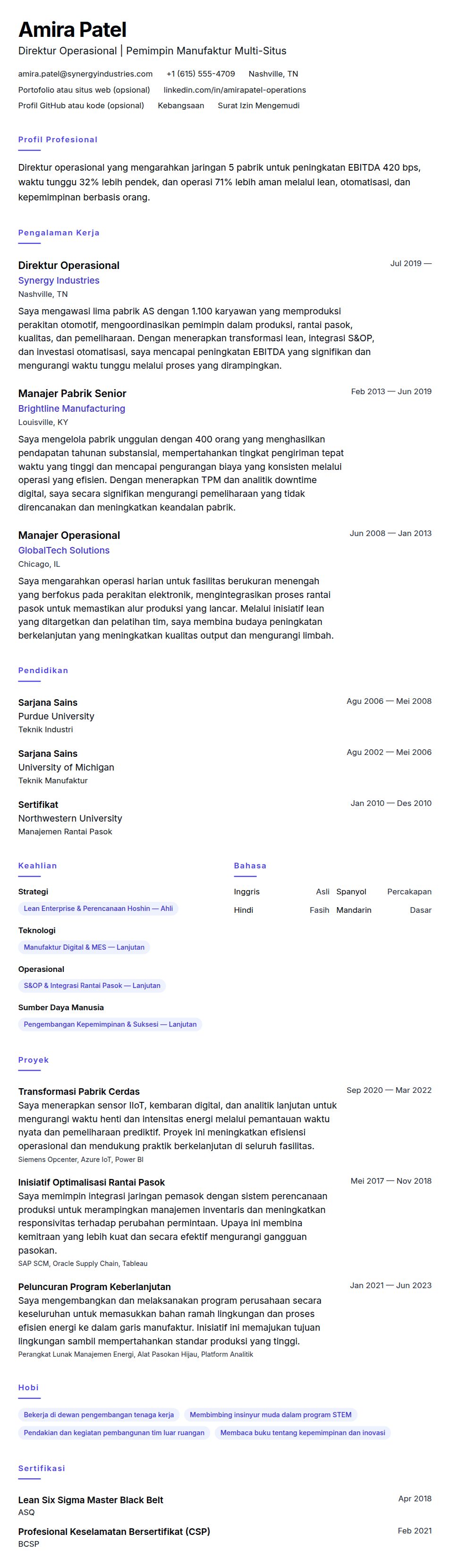 Contoh Resume Direktur Operasional