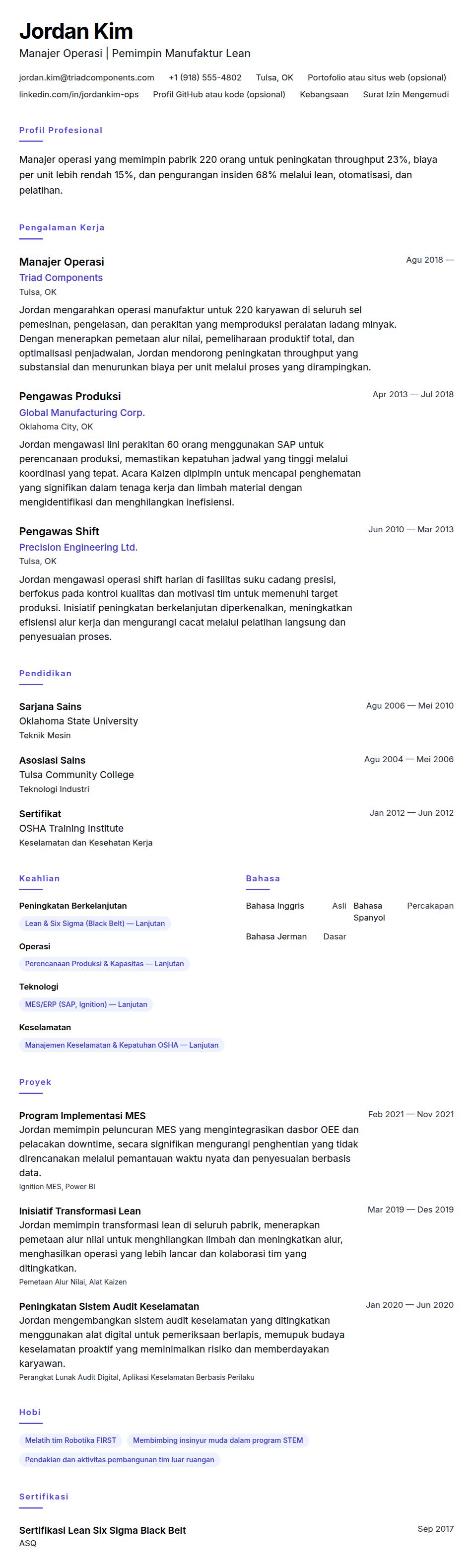 Contoh Resume Manajer Operasi