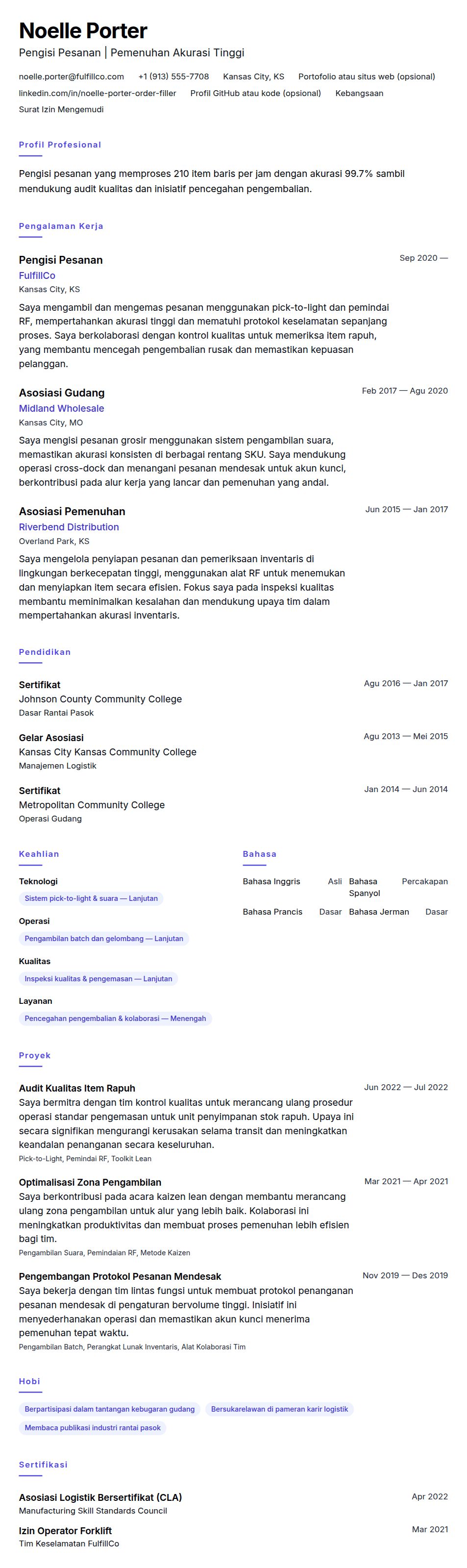 Pratinjau resume Contoh Resume Pengisi Pesanan