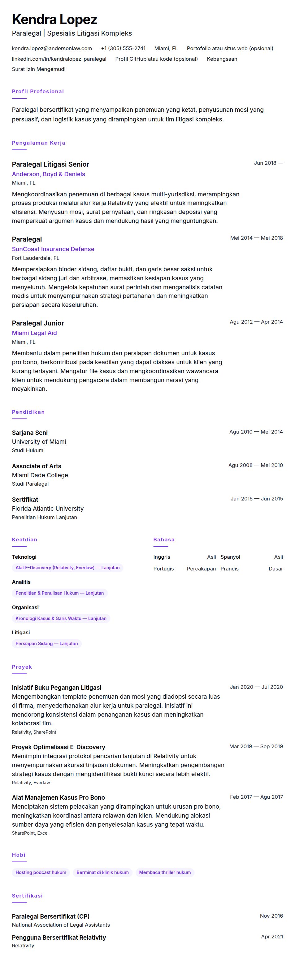 Contoh Resume Paralegal