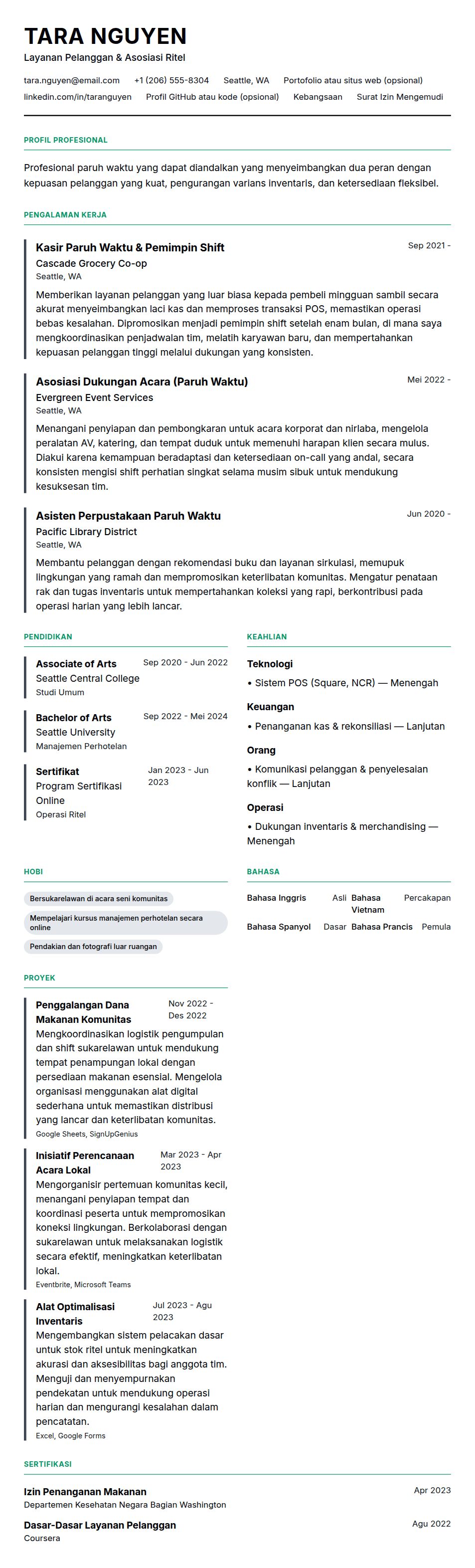 Pratinjau resume Contoh Resume Pekerjaan Paruh Waktu