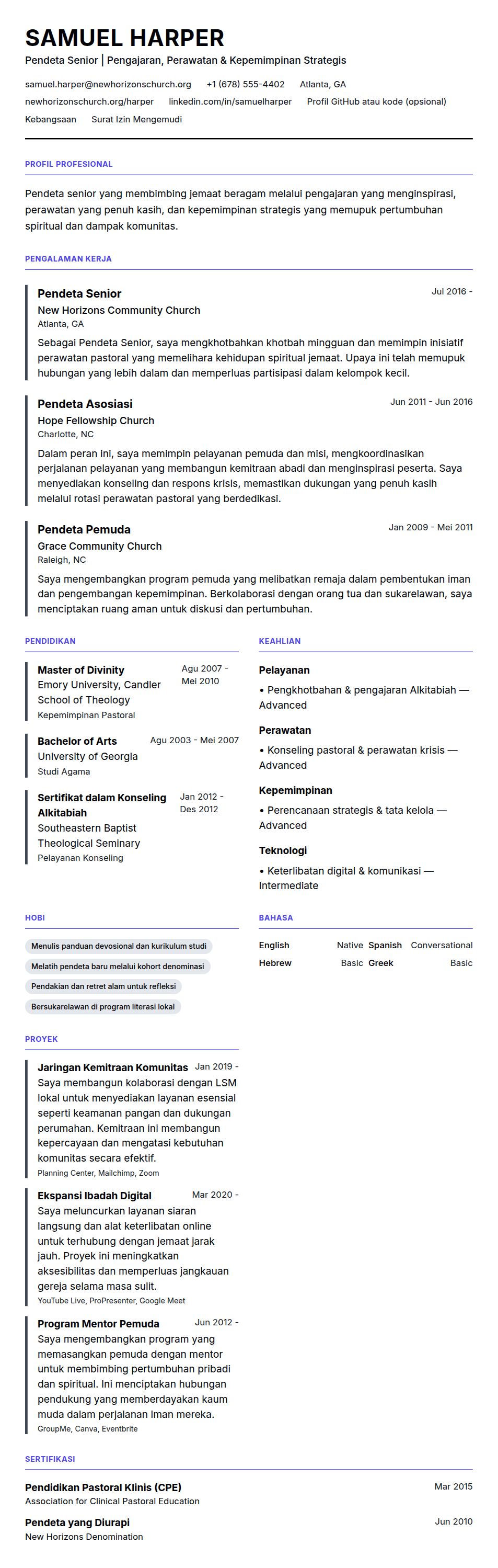 Pratinjau resume Contoh Resume Pendeta