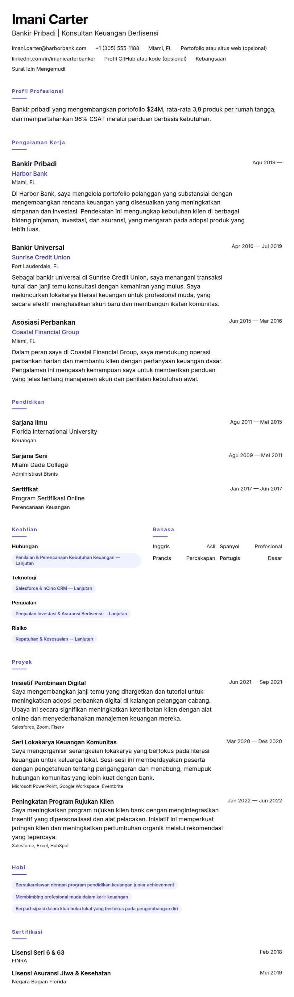 Pratinjau resume Contoh Resume Bankir Pribadi