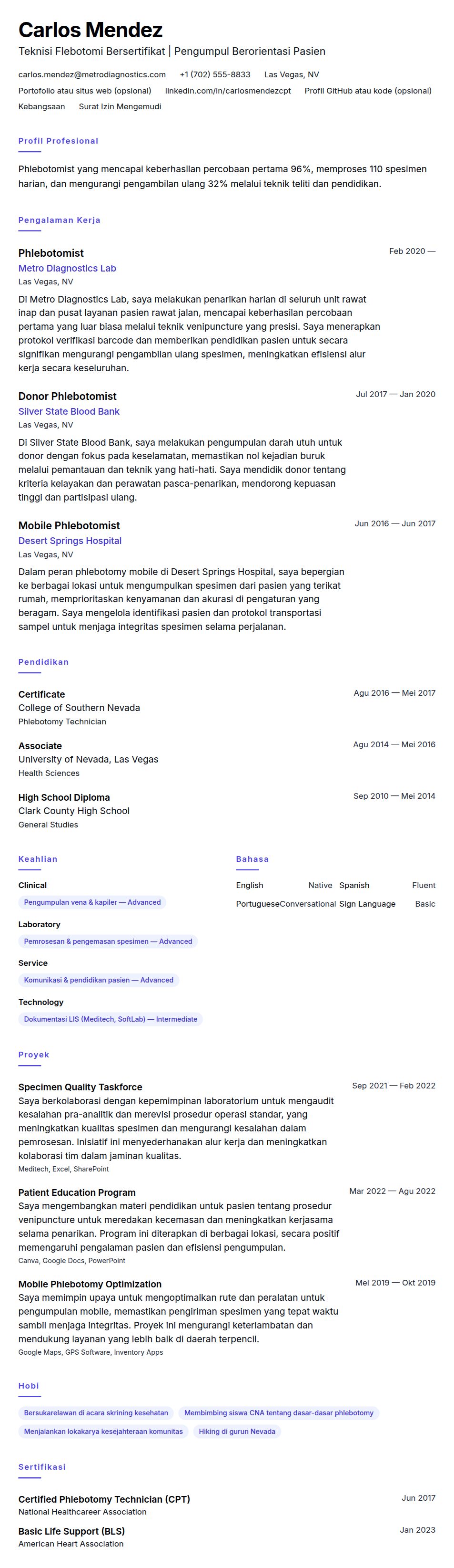 Pratinjau resume Contoh Resume Phlebotomist