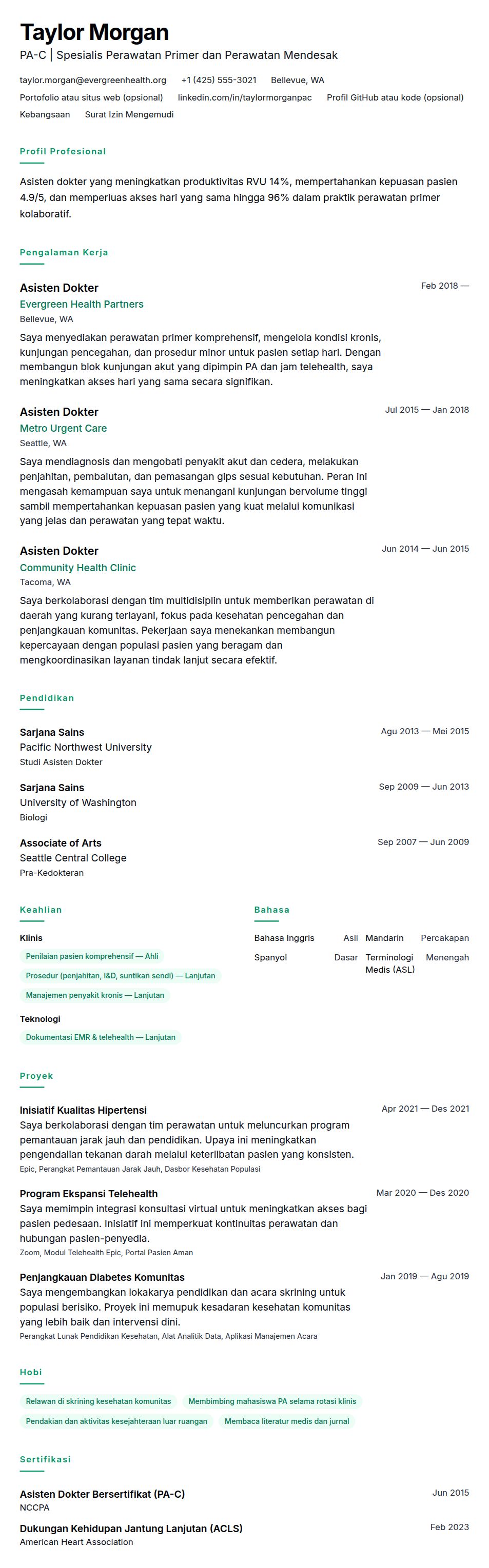 Pratinjau resume Contoh Resume Asisten Dokter