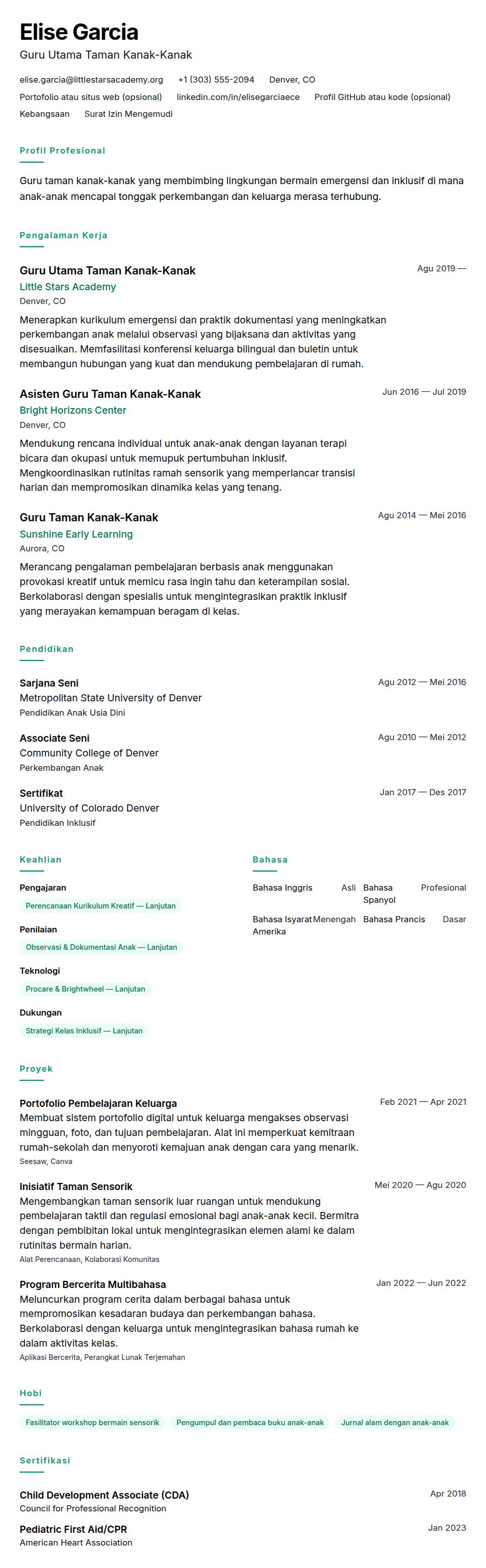 Pratinjau resume Contoh Resume Guru Taman Kanak-Kanak