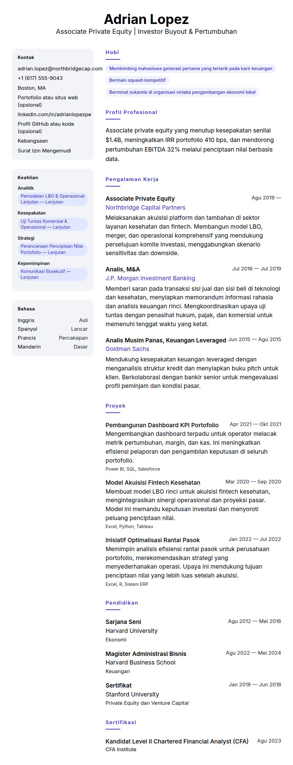 Pratinjau resume Contoh Resume Associate Private Equity