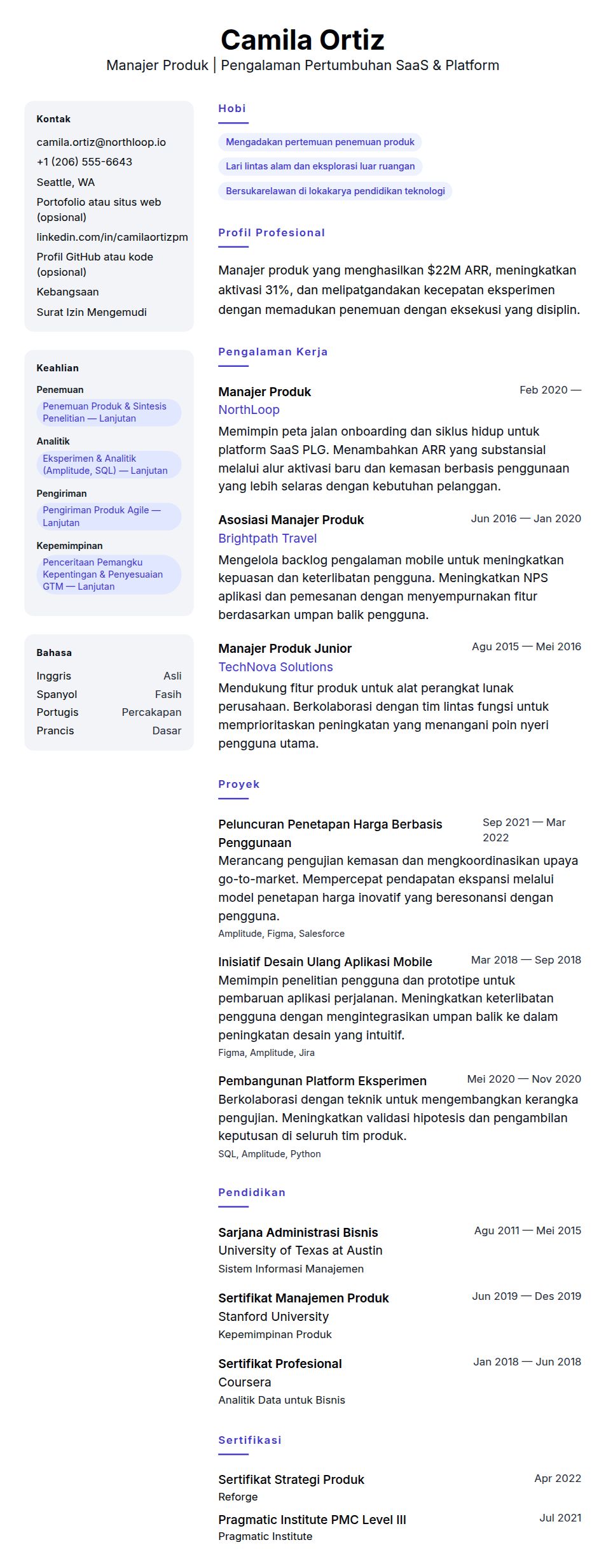 Pratinjau resume Contoh Resume Manajer Produk