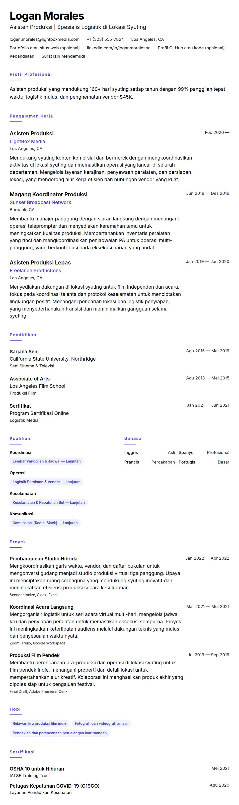 Pratinjau resume Contoh Resume Asisten Produksi