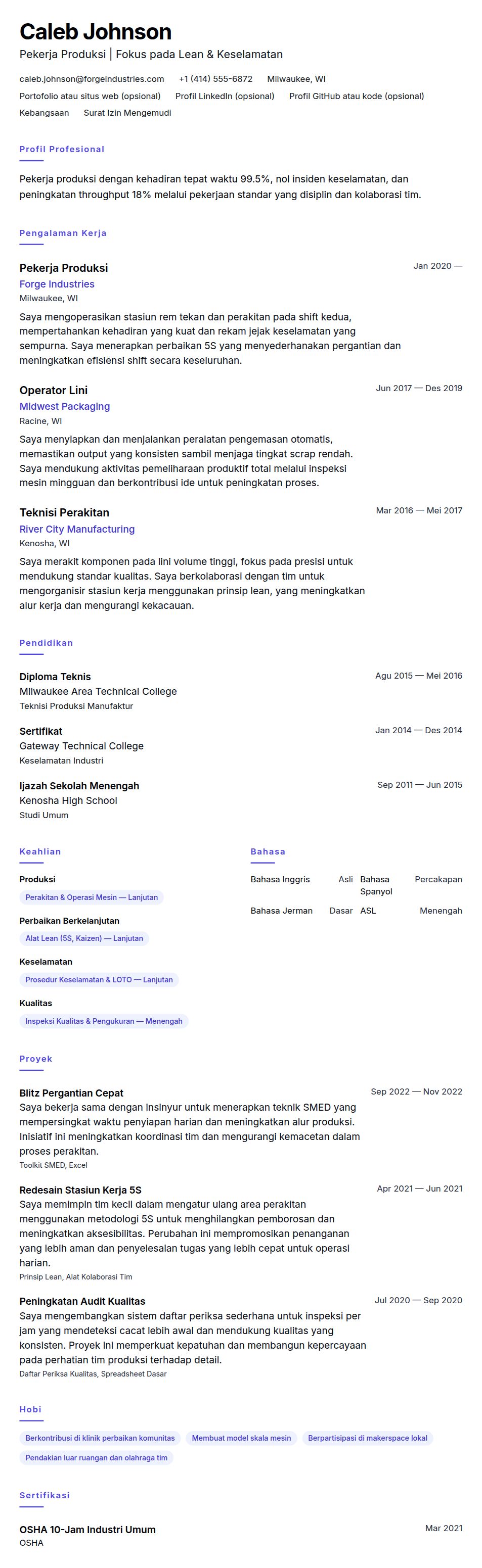 Contoh Resume Pekerja Produksi