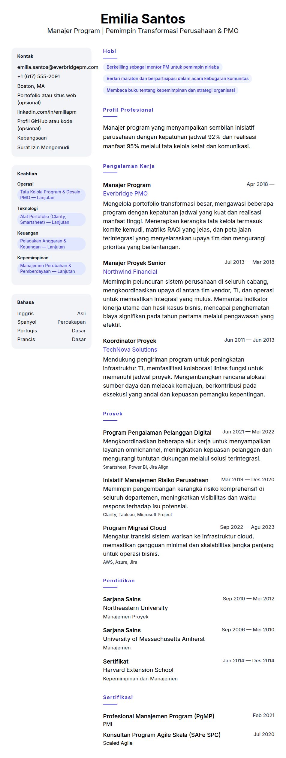 Pratinjau resume Contoh Resume Manajer Program