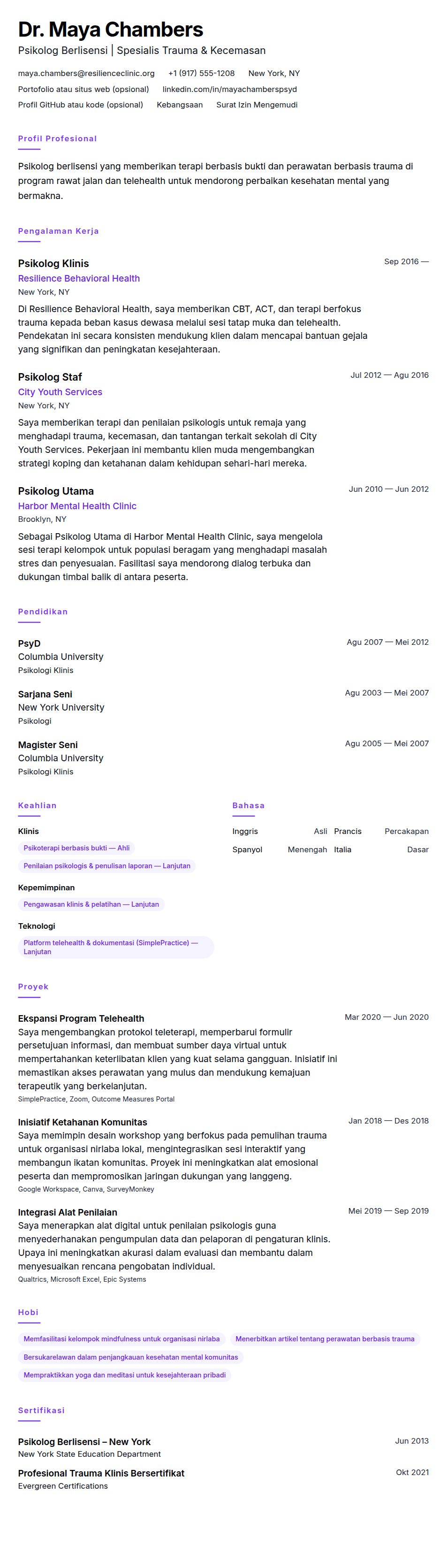 Pratinjau resume Contoh Resume Psikolog