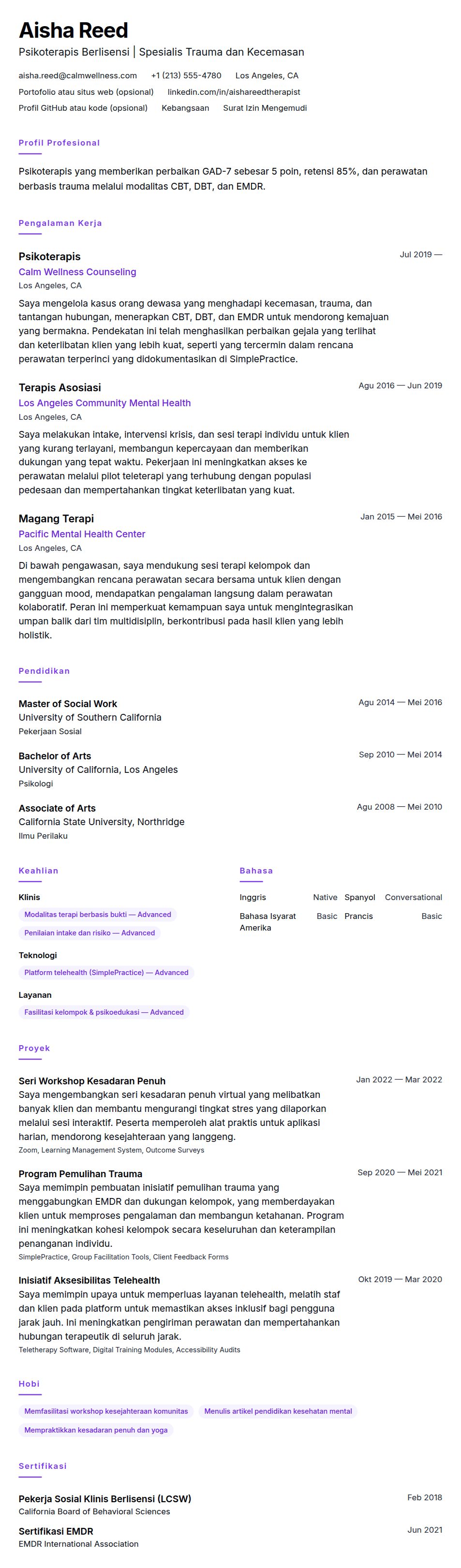 Pratinjau resume Contoh Resume Psikoterapis