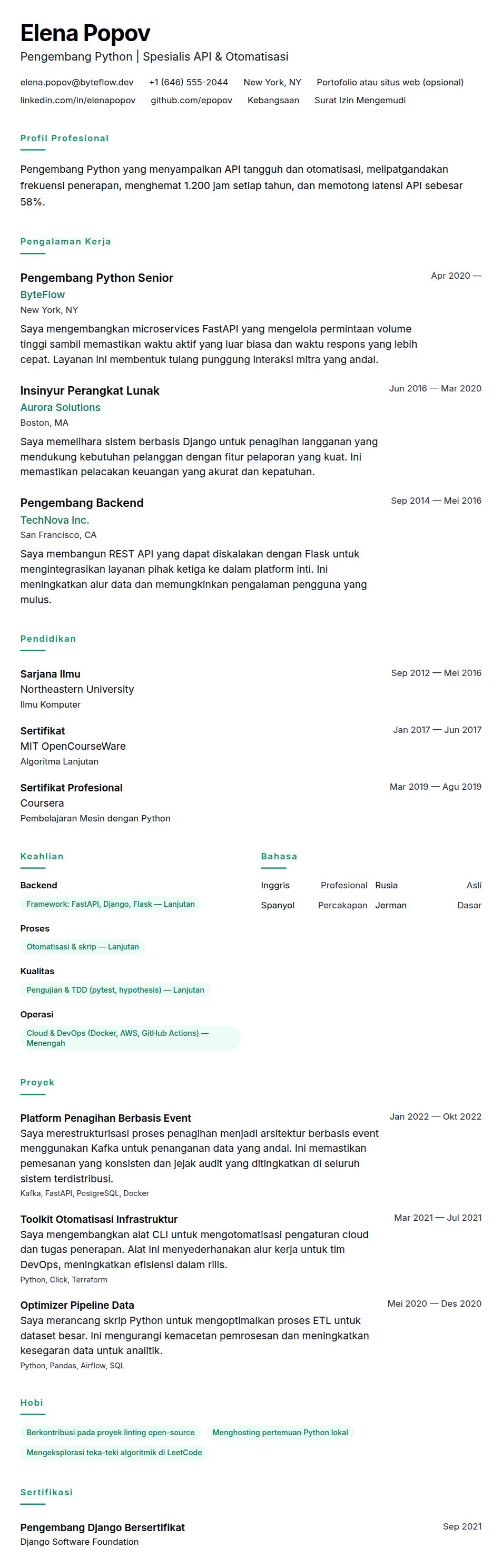 Pratinjau resume Contoh Resume Pengembang Python