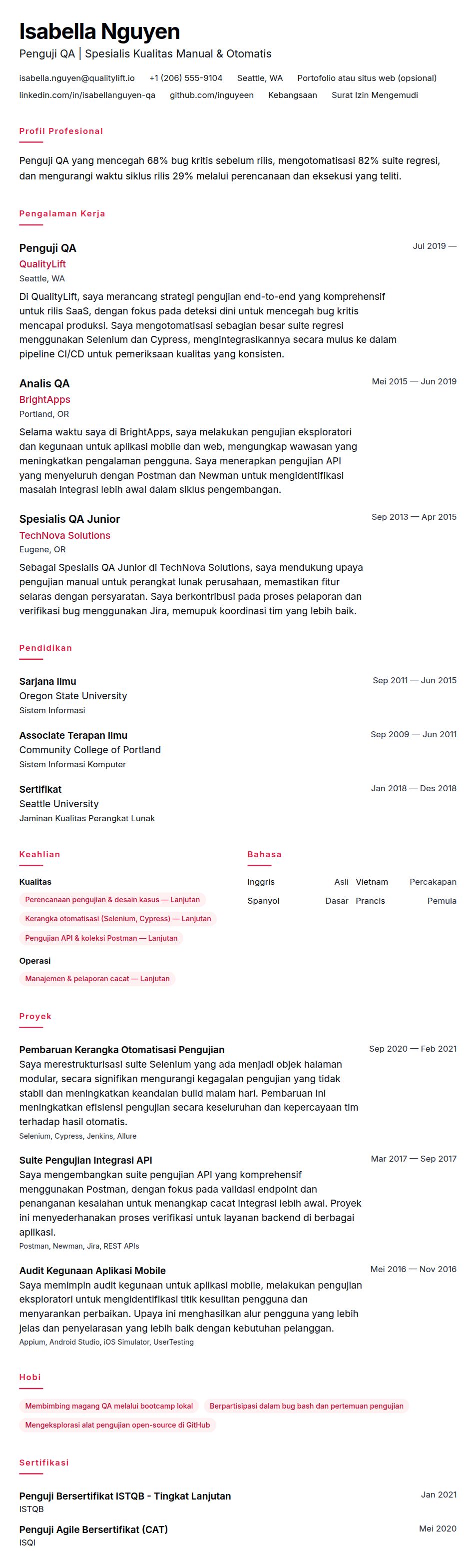 Pratinjau resume Contoh Resume Penguji QA
