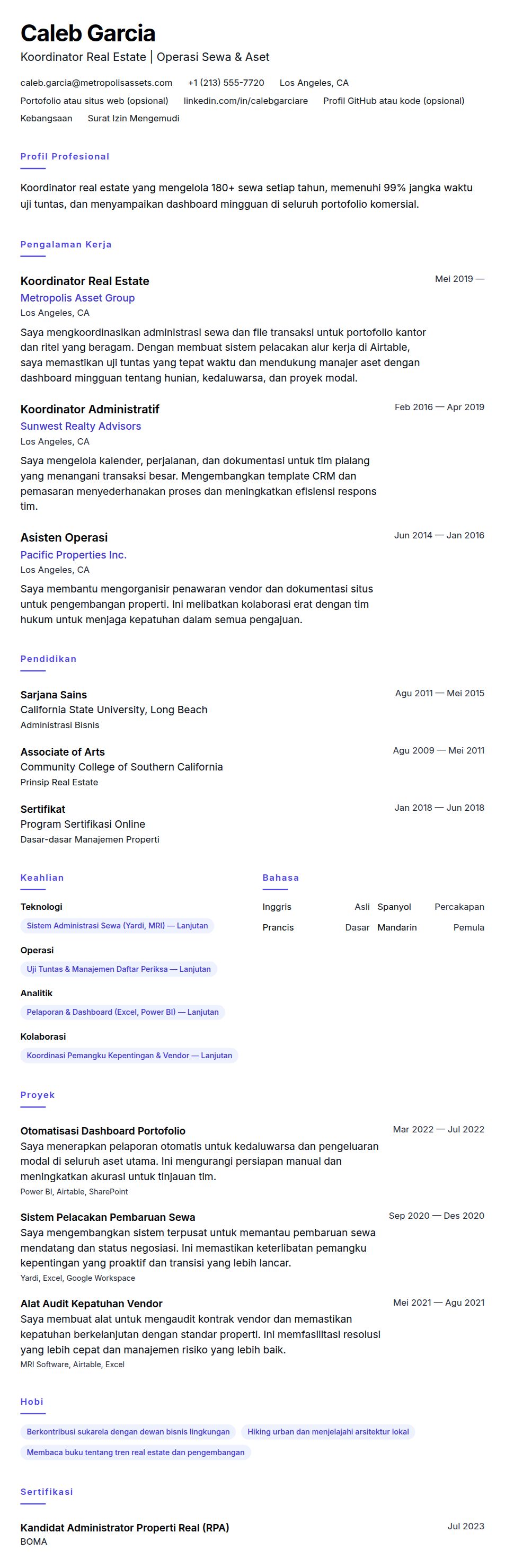 Pratinjau resume Contoh Resume Koordinator Real Estate