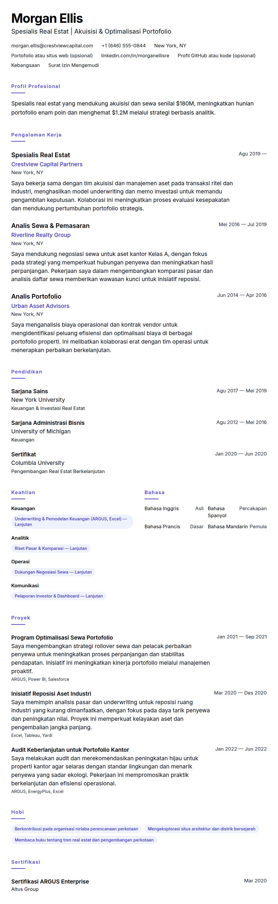 Contoh Resume Spesialis Real Estat