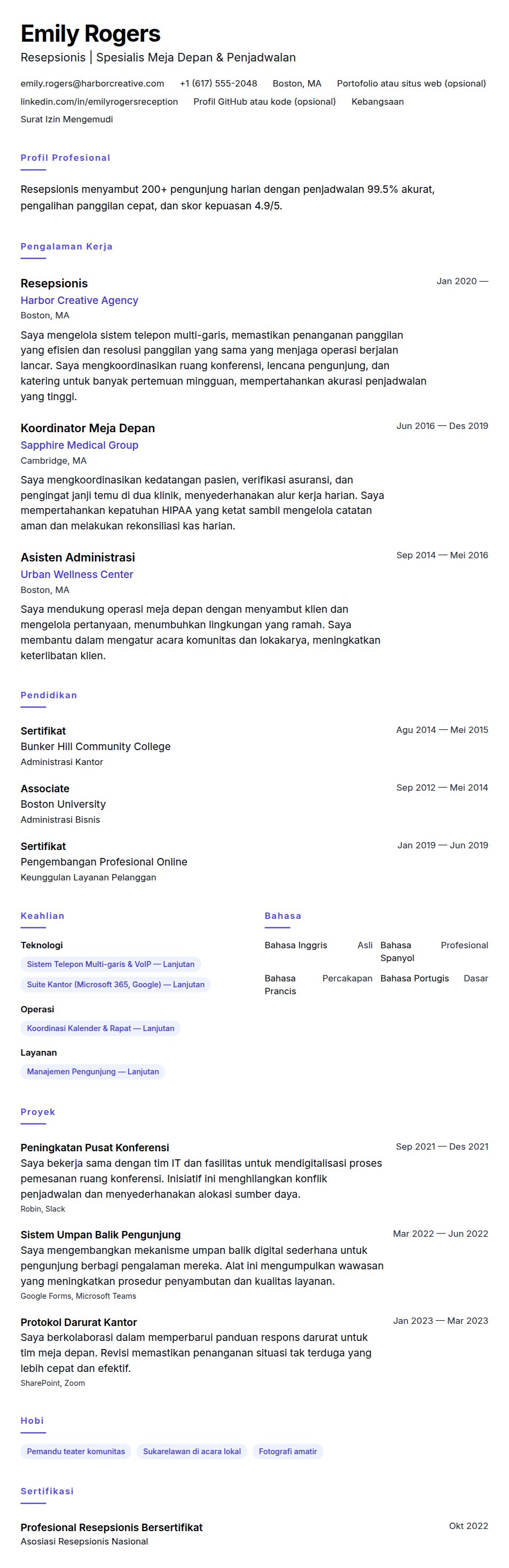 Pratinjau resume Contoh Resume Resepsionis