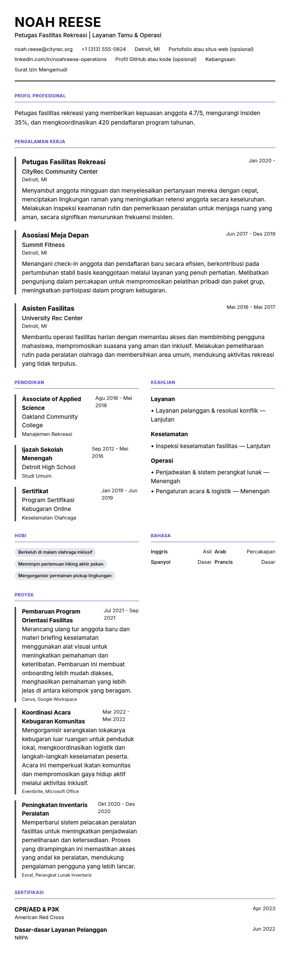 Pratinjau resume Contoh Resume Petugas Fasilitas Rekreasi