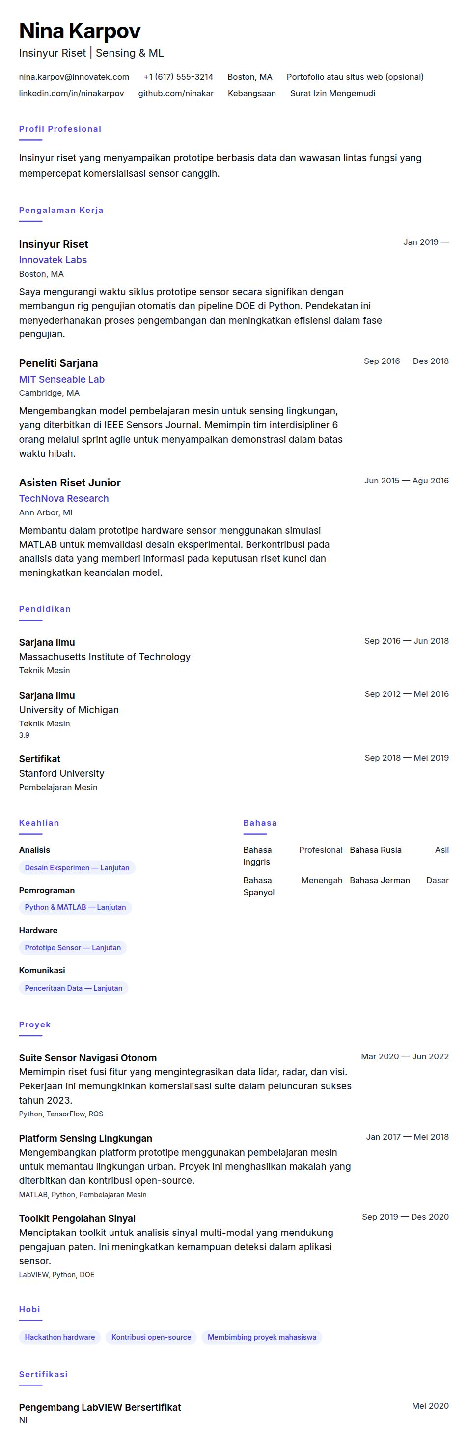 Contoh Resume Insinyur Riset