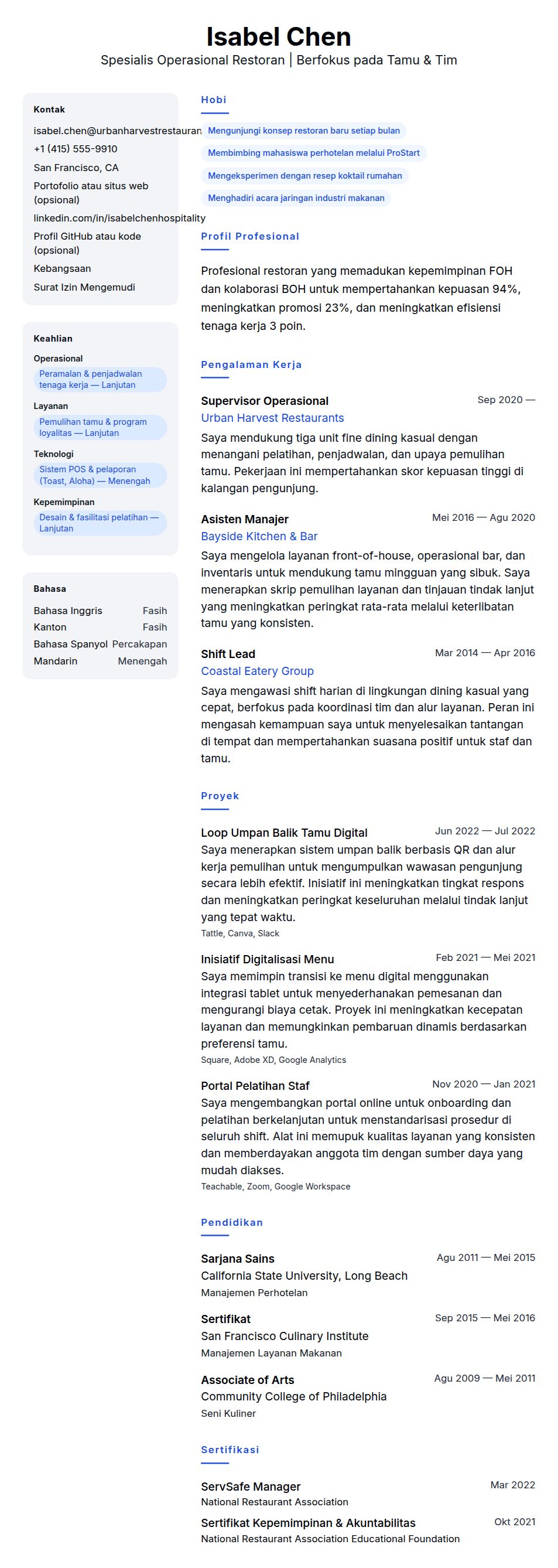 Pratinjau resume Contoh Resume Profesional Restoran