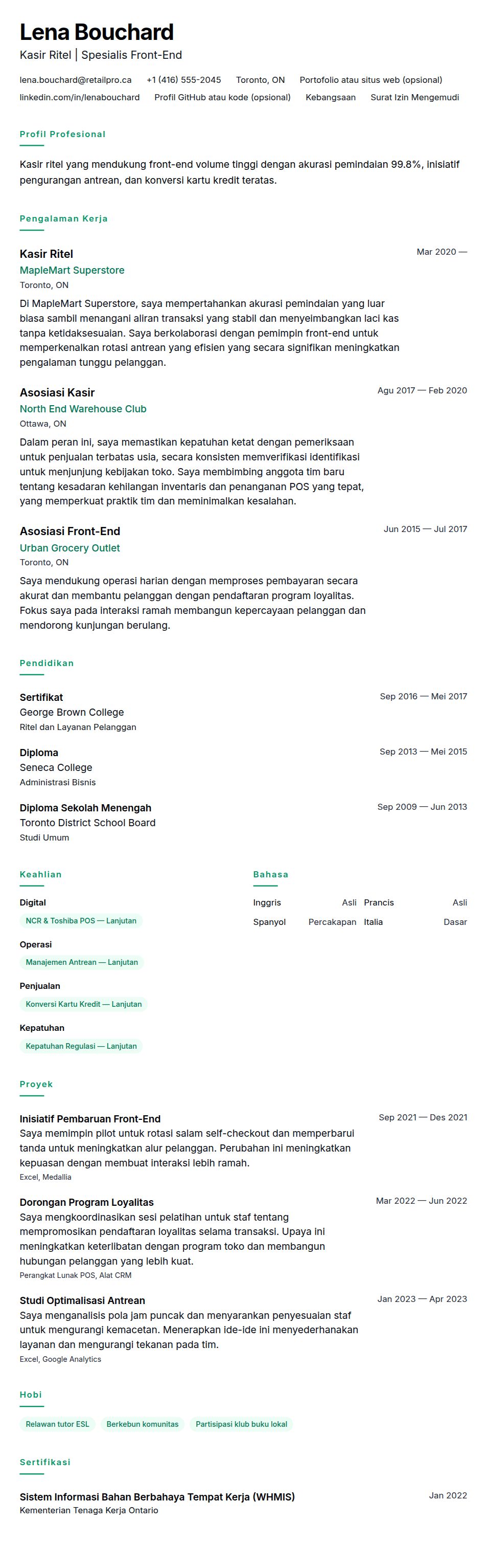Pratinjau resume Contoh Resume Kasir Ritel