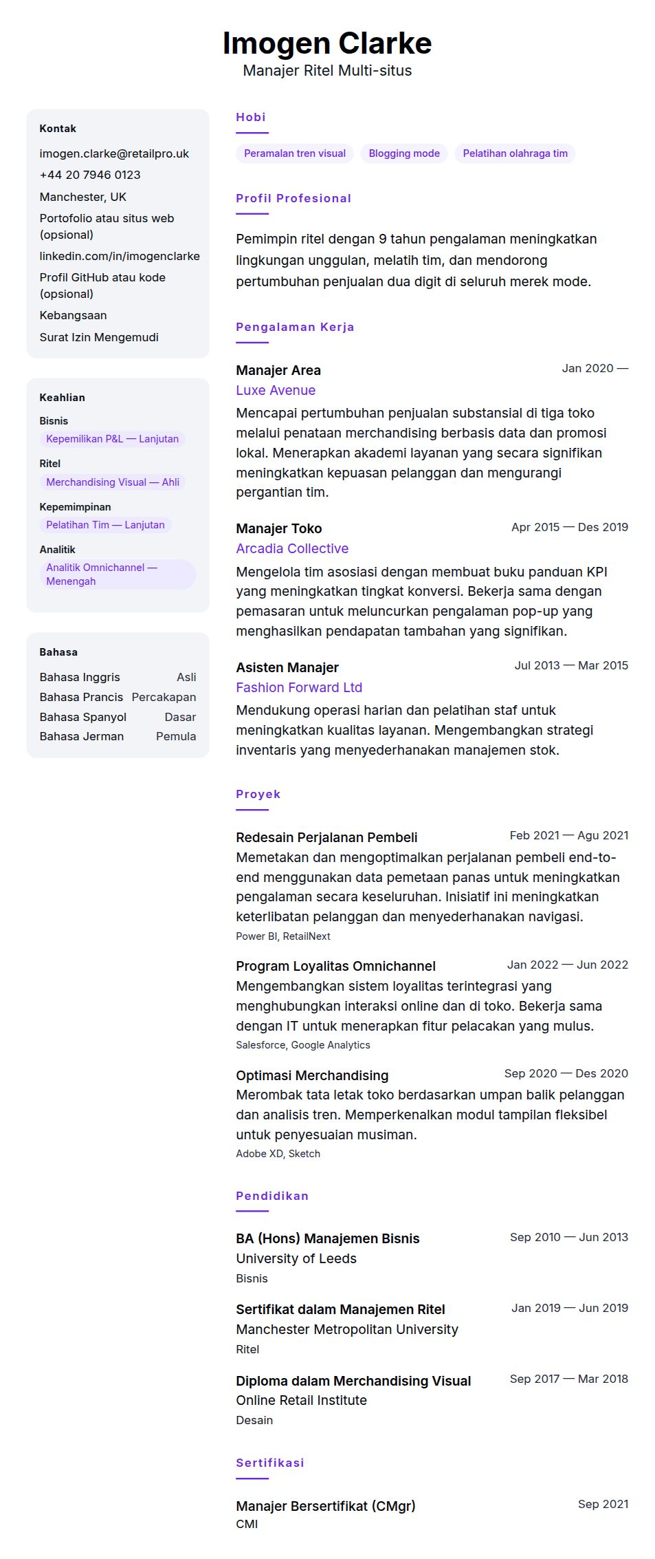 Pratinjau resume Contoh Resume Manajer Ritel